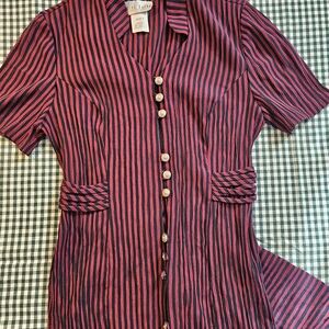 Vintage 80s navy burgundy striped clingy midi dress EUC